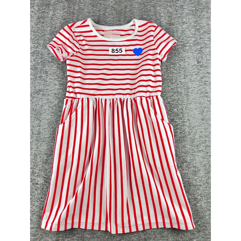 Cat Sonnet Red White Stripe Blue Heart Pocket Dress Toddler Girls‎ 3T 4T